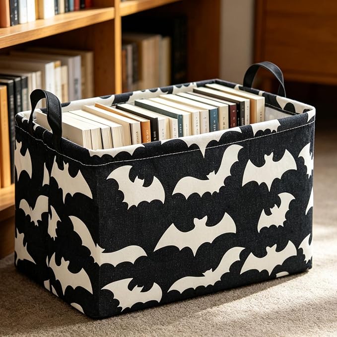 Rectangle Storage Basket with Handles,Collapsible Storage Bin,Books Box,Gift Basket(Bat)