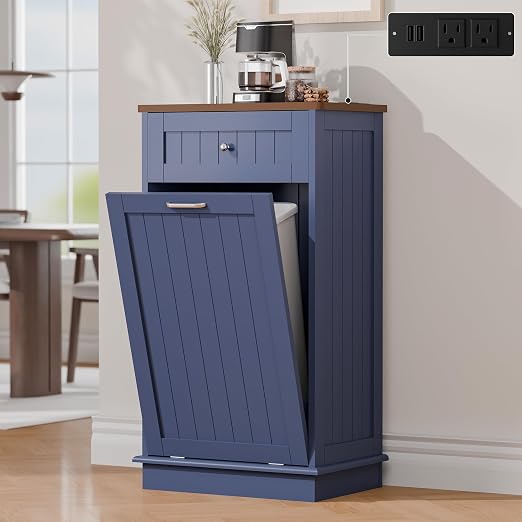 Betterhood Single Tilt Out Trash Cabinet with Power Outlet, Wooden Hidden Garbage Can Holder with a Big Storage Drawers for Kitchen, Living Room, Laundry, Blue