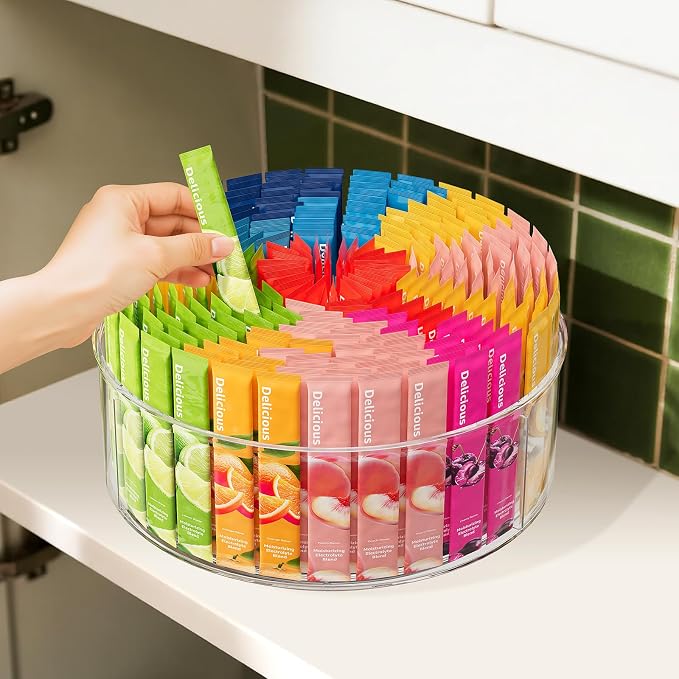 Divided Drink Packet Organizer, Largr Rotating Clear Lazy Susan Turntable | for Powdered Drink Mix, Water Drink Packet Holder, Water Flavor Packet, Coffee, Tea – Space-Saving Countertop Organizer