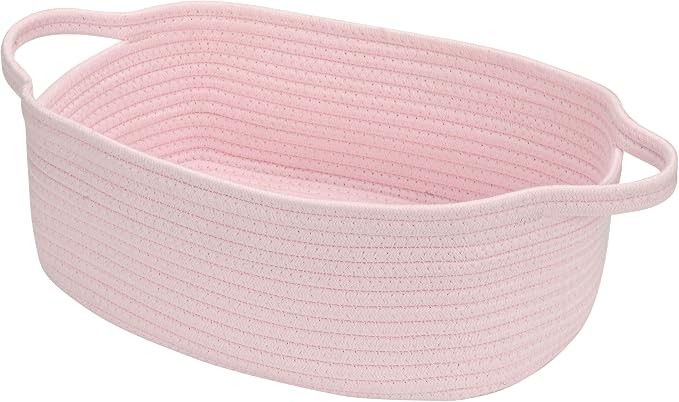 Small Woven Cotton Rope Basket Cute Baby Gift Baskets Empty Decorative Storage for Organizing Shelves Closet Baby Nursery Basket Bin Toy Storage Basket Organizer 13.7"x10.2"x5" Pink Easter