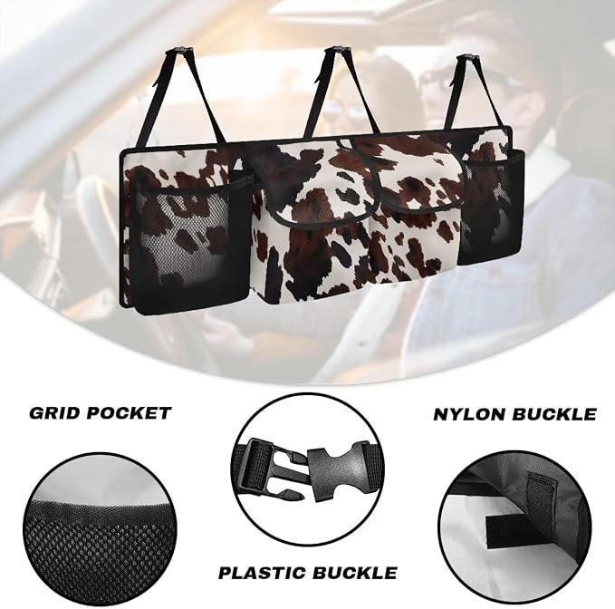 Dreaweet Brown Cow Print Car Trunk Organizer for Sedan Collapsible Hanging Car Storage Organizer Accessories Interior for Women Large Capacity 4 Pockets Car Organizer for SUV Trucks Minivan