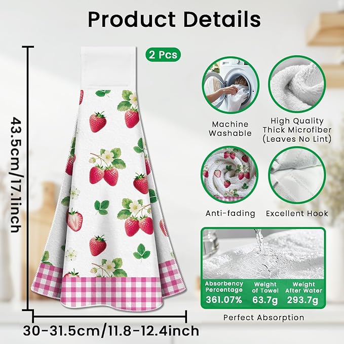 CUTHOLLOW Strawberries Hanging Kitchen Towels with Loop, Set of 2 - Soft & Super Absorbent Microfiber Decorative Hanging Dish & Hand Towel, Tea, Coffee Towel for Kitchen Bathroom Oven Handle