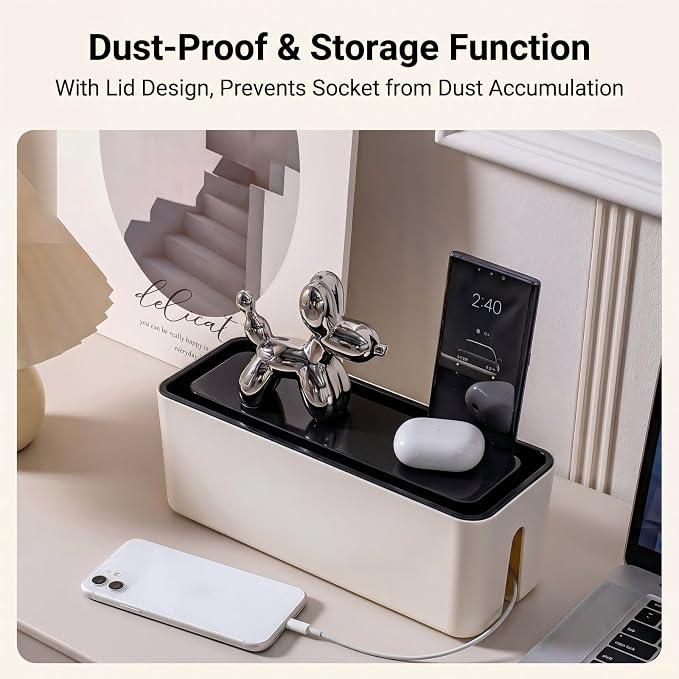 Cable Management Box, Dust-Proof & Heat Dissipation Cord Organizer, Hide Power Strips and Messy Wires, 11.8" (L) x 4.3" (W) x 4.5" (H), Home Office Desk Accessories, Includes 3 Stickers & Straps