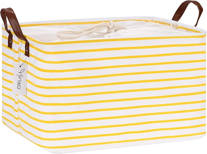 Hinwo 31L Large Canvas Storage Bin with Lid and Handles | Collapsible Fabric Basket, Closet Shelf Organizer, Container for Clothing, Blankets, Toys, Bedding (Yellow Stripe)