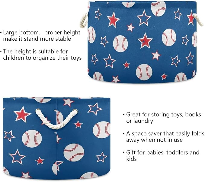 DOMIKING Large Storage Basket for Toys Blue Baseball Stars Storage Bin Box Organizer Basket for Home Decor Pet Toy Blankets Nursery