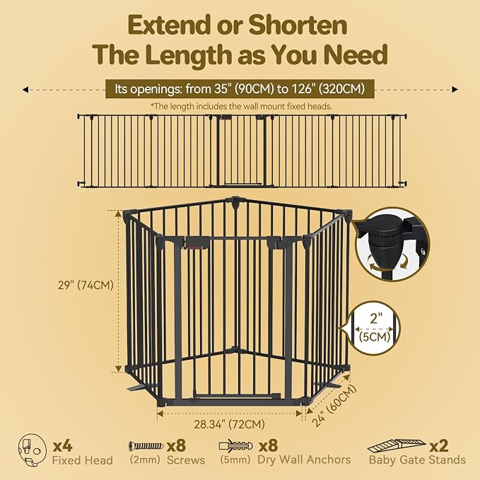 Kfvigoho Dog Gate 27.5"-129" Extra-Wide Playpen, Freestanding Pet Gate | Puppy Fence with Auto-Close Door, Double Locking System for Fireplace, Foldable Black, 5 Panels