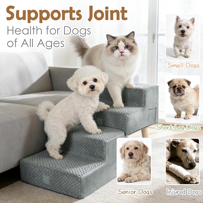2-in-1 Dog Stairs & Ottoman, 4-Step Dog Ramp for Couch & Sofa | Dog Ramp for Bed, High-Density Foam & Wood Board Support, Side Storage Pocket, Foldable, 170 lbs, Machine Washable, Grey