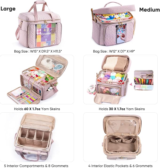 MYBAGZING Large Yarn Storage Bag,Crochet Bag Organizer,Yarn Bags for Crocheting,Crochet Storage Bag with Pockets for Crochet Hooks, Crochet Accessories,Knitting Bags,Gifts for Crocheters