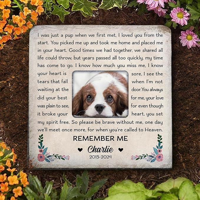Wrappiness Pet Memorial Stone - I Will Be Waiting at Door, Personalized Dog Memorial Gifts, Remembrance Condolences Bereavement Gifts for Loss of Pet Custom Photo (Square 02, Stone with Stand)