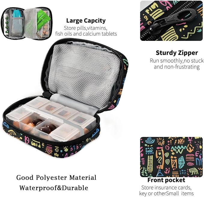 Fustylead Doodle Hand Drawn Tribe Colorful Bright Trendy Ornaments Travel Pill Case Bag with Zipper Weekly Pill Box 8 Compartments 7 Day Personal Pill Case Purse Medicine Case Organizer