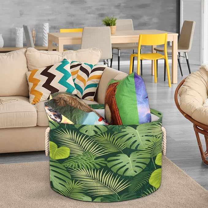Large Storage Baskets - Monstera Heart Leaf Nursery Organizer Bin Box with Handles Collapsible Round Laundry Hamper for Kids Toys Pet Blanket, Bedroom Living Room Home Decor Gift Basket