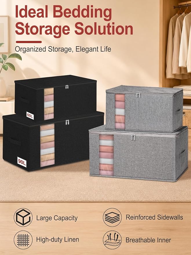 90L Rigid Structure King Size Comforter Storage Bag, 2 Pack, Black | Rigid Sides & Bottom, Stackable & Foldable Design, for King Quilts, Bedding, Pillows and Clothes, Closet & Dorm Organization