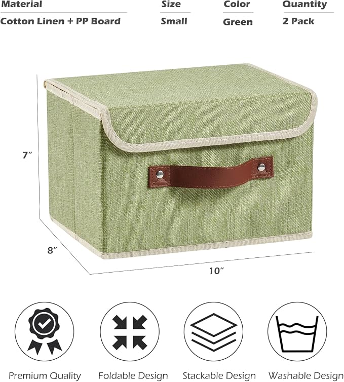 2PCS Storage Boxes with Lids Cotton Linen Fabric Bins Baskets | Decorative Collapsible Washable, Clothes Container Organizer for Closet Shelf, w/ Faux Leather Handles, Green, Small