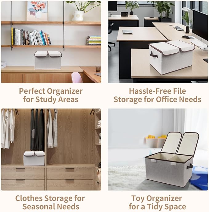 Foldable Fabric Storage Box with Double-Lid & Dividers, Large Organizer for Home, Closet, Office (Grey, 2 Packs)