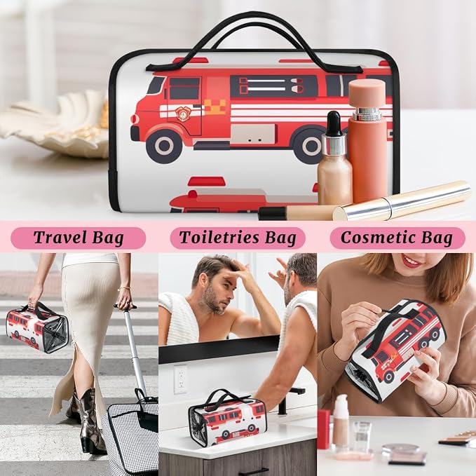 Fire Trucks Makeup Bag for Women Hanging Roll-Up Travel Organizer Toiletry Kit with 4 Removable Compartments, Car