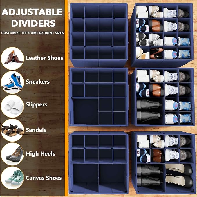 SpaceAid Shoe Organizer for Closet, 2 Pack Foldable Shoe Storage Containers Baskets Boxes Bins w/Adjustable Dividers, Fits 16-32 Pairs, Blue