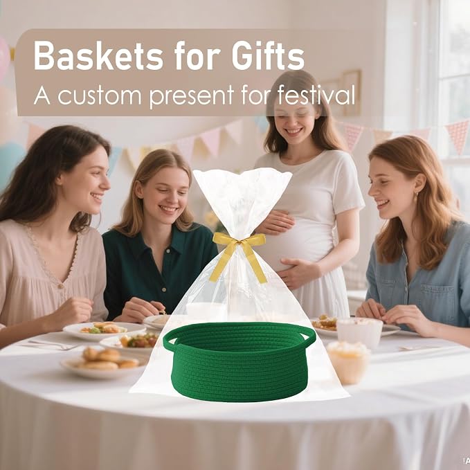 JMvicyroam Small Woven Basket, Empty Gift Basket, Green/1 Pack | Small Gift Basket, Cotton Rope, 12 x 8 x 18 in, Handles, Includes Ribbon and Bag, Birthday Gift Basket