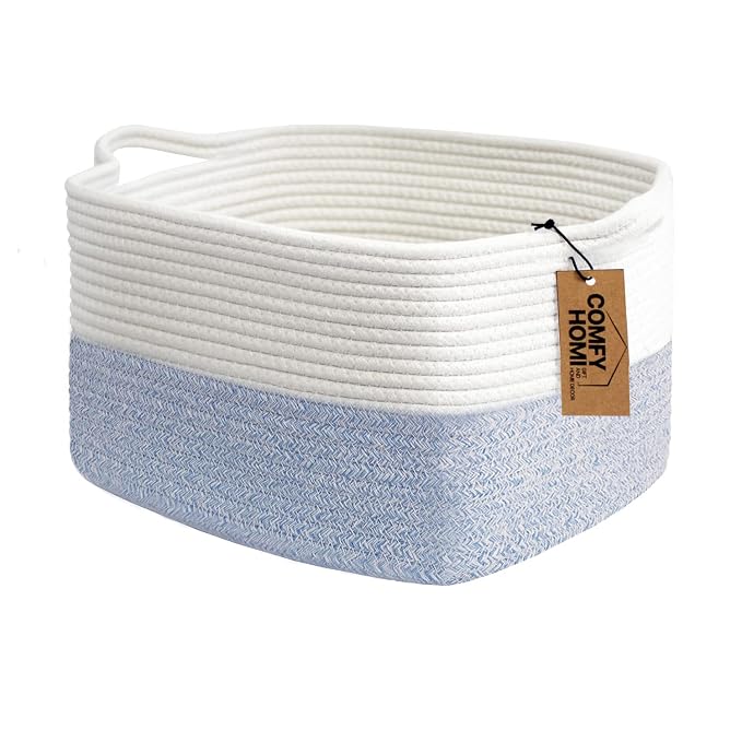 COMFY-HOMI Cotton Rope Woven Basket with Handles for Shelves,Toys,Book, Cloth Storage Baskets Bin for Organizing- 1 PCSToy Decorative Organizer for Living Room, Bathroom