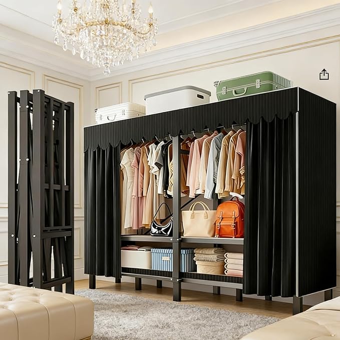 59.1in Heavy Duty Portable Closet, Foldable Wardrobe Closet with Cover, Metal Clothing Shelves for Clothes Organizers and Storage, for Bedrooms, Apartments, Rental Properties (Black, 59.1in)