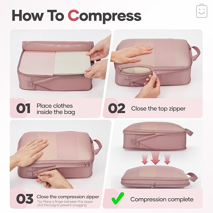 Veken 11 Set Compression Packing Cubes Garment Bags for Travel Essentials,Compressible Expandable Luggage Organizer Bags for Clothing,Space Saver Bags with Over 1000 pcs of Mesh Holes(Light Coral)