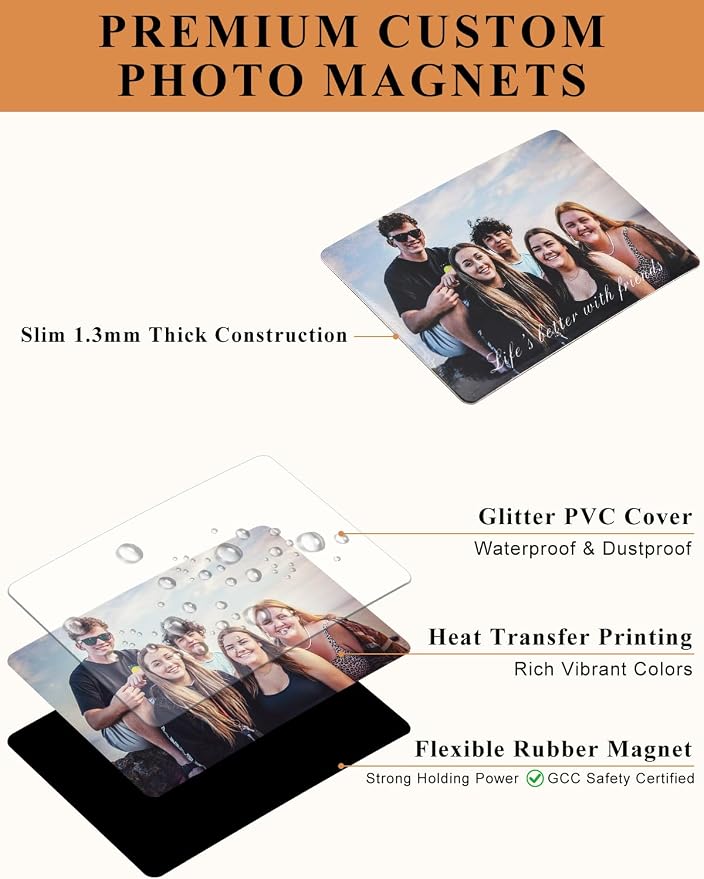 Custom4U Custom Photo Refrigerator Magnet, Square Magnets Picture Decor | 1.3mm Magnetic Backing, Dishwasher & Student Metal Locker Use, Square Photo Memento, 2.95 & 3.74 in