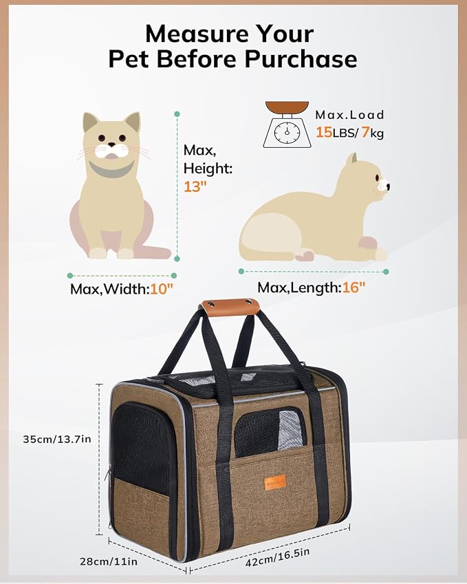Morpilot Cat Carrier Soft for Large Medium Cats and Puppy up to 20lbs | with Dual-Sided Cushion, Secure Buckle and Foldable Bowl, Dog Carriers for Small Dogs - Pet Carrier (Brown)