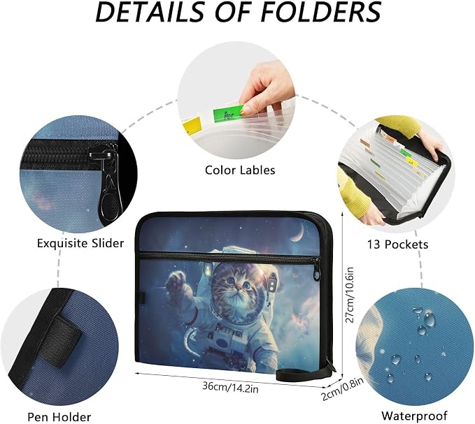 13 Pocket Zipper Expanding File Folder A4 Space Cat | Accordion File Organizer with Front Pouch A4 Letter Size Portable Folders for Documents Receipt School Office Supplies