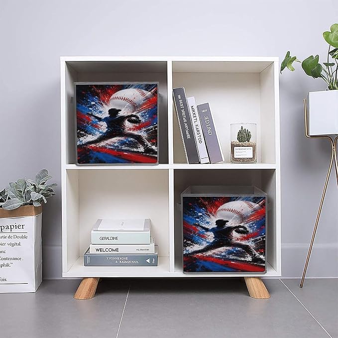 Baseball Player Pitching Action Art Storage Bin with Handles, Oxford Fabric Foldable Storage Cube Organizer for Clothes, Towels, Bedroom, Living Room, Home Organization