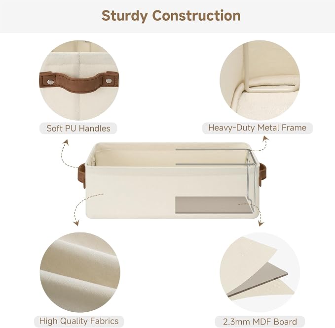 StorageWorks Narrow Storage Bins, Toilet Paper Storage, Natural, 2-Pack | With Metal Frame, Sturdy Structure, Reinforced PU Handles, Toilet Paper Storage, Small Baskets for Bathroom, Closet, Shelf