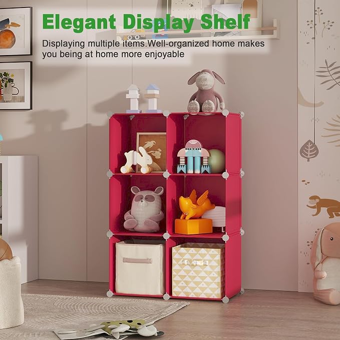 C&AHOME 6-Cube Storage Organizer Cube Shelf Closet Storage Bookcase, Red | Stackable Cubby Storage, Bookshelf, Portable Plastic Storage Closet Organizer, DIY Modular Shelving Units for Home, Wardrobe