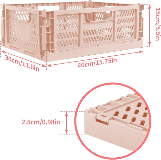 Domiella 2-Pack Crates for Storage, Storage Crates Plastic Stackable, Foldable Crate for Office Home Kitchen Bedroom Bathroom (Large, Pink) | Easy-carry handles, suitable for toys books groceries office supplies and household storage for home office sh...