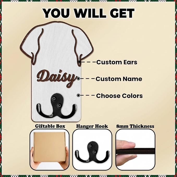 Personalized Dog Leash Holder, Custom Dog Ear Harness Wall Hanger Organizer with Name, Decorative Hooks for Leashes, Keys, Collars, Leash Rack Wall Mount for Entryway, Hallway, Gift for Pet Lovers