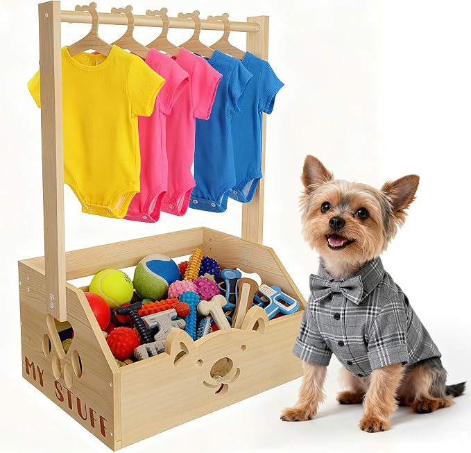 20" x 13.5" x 9" Wooden Dog Closet for Small Dogs - 2-in-1 Clothes Hanger & Storage Basket, with Cute Pet-Face Design, Practical Organizer for Pet Supplies, Home Decor & Dog Gear Tidying