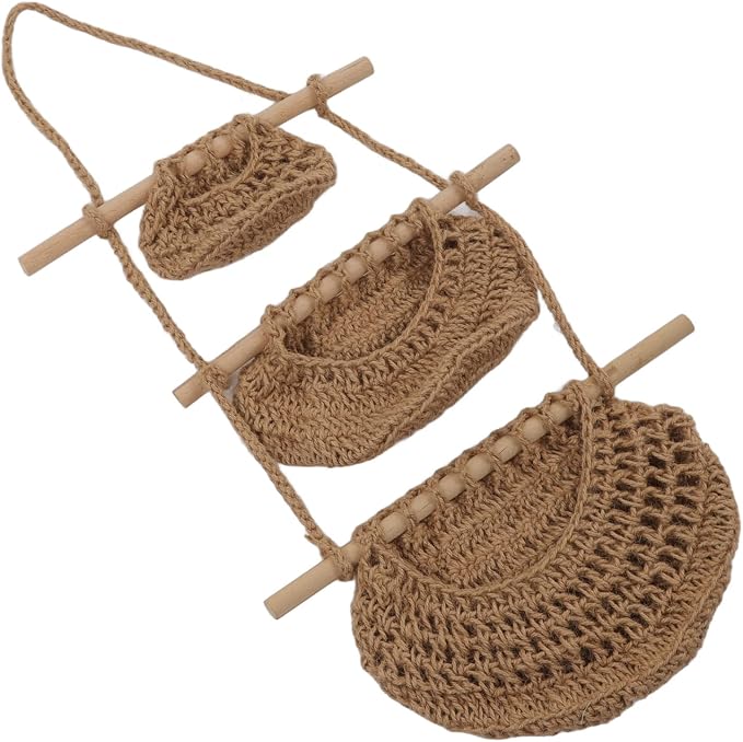 3 Tier Hanging Fruit Basket, Wall Mounted Hemp Rope and Wood Organizer, Handcrafted Over The Door Storage for Toys Pet Plush Dolls Kitchen Bathroom Living Room