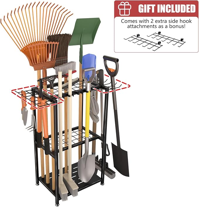Faesun Garden Tool Organizer, 3-Tier Metal Yard Tool Rack with 14 Hooks & 5 Slots, Holds 50+ Rakes/Shovels/Brooms, Heavy Duty Freestanding Lawn Tool Storage for Garage Shed Outdoor Organization
