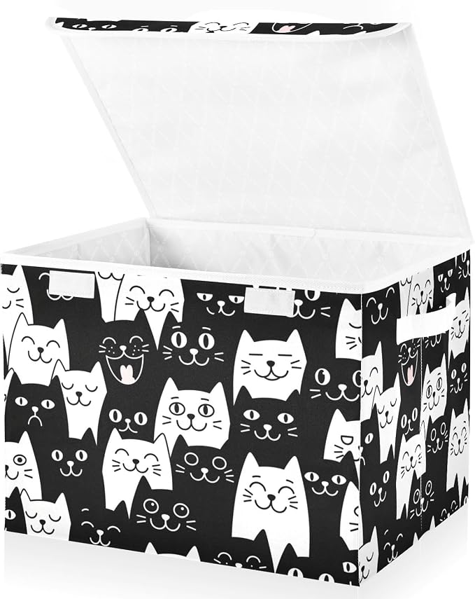 Cat Smile Fabric Storage Bins with Lid Foldable Storage Boxes 40L Baskets | Decorative Storage Boxes, Foldable & Stackable, Dust-Proof Flip Top, Reinforced Handles, For Home & Dorm, Clothes & Toy Box
