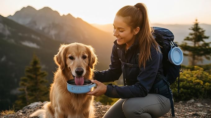 Blue Slow Feeder Travel Dog Bowl Set – 30oz Stainless Steel + 20oz Collapsible Silicone Dish + Silicone Slow Feeder Insert | Water Bottle Holder | Non-Slip, Anti-Choking, BPA-Free – Claim
