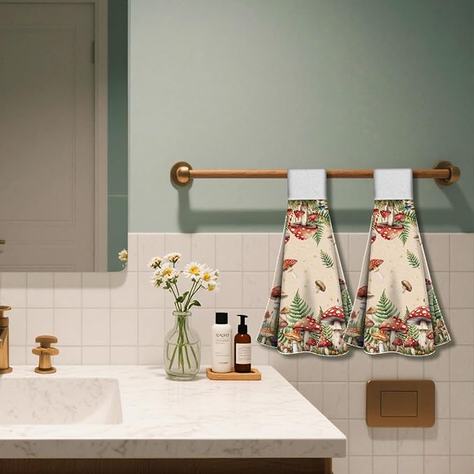 CUTHOLLOW Mushroom and Butterfly with Fern Hanging Kitchen Towels with Loop, Set of 2-Soft & Super Absorbent Microfiber Decorative Hanging Hand Towel, Tea Coffee Towel for Kitchen Bathroom Oven Handle