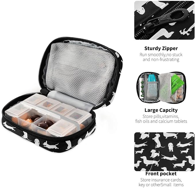 Ollabaky Black Dachshund Dogs Pill Organizer 7 Day Pill Case Travel Pill Organizer Bag Pill Box Portable Weekly Case with Zipper Compact Size for Vitamin Supplement Holder