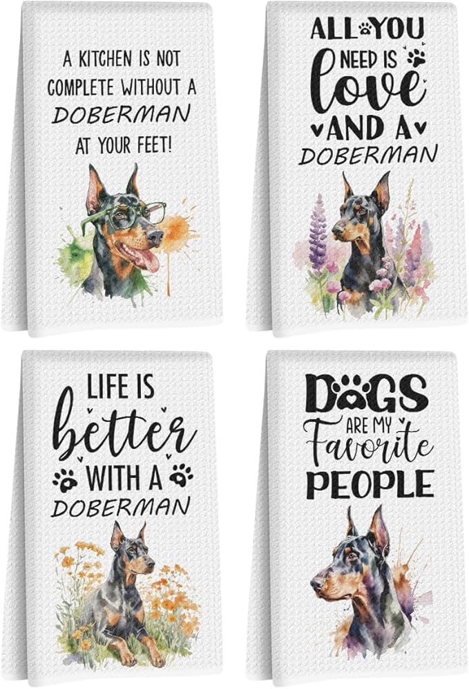 4Pcs Doberman Dog Kitchen Towels 24x14 Inch, Doberman Gifts Reusable Dish Towels for Kitchen Bathroom Decor, Waffle Weave Absorbent Hand Cloth Tea Towel, Cute Dog Gifts for Women Mom Friend