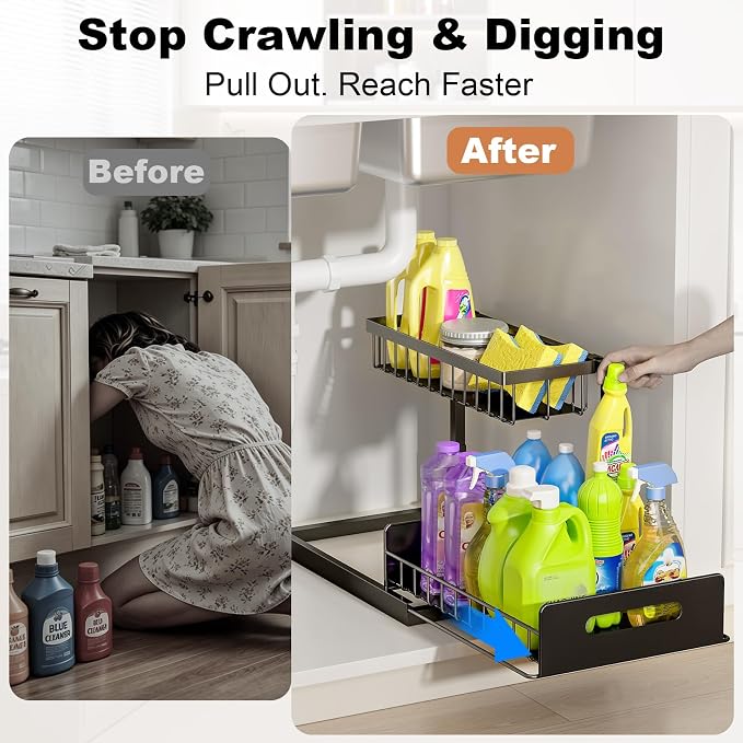 Under Sink Organizer, L-Shaped 2 Tier Pull Out Cabinet Organizer | For Kitchen and Bathroom, Slide Out Under Cabinet Storage, Metal Under Sink Storage with Sliding Drawer, 50 lbs, Black 2 Pack
