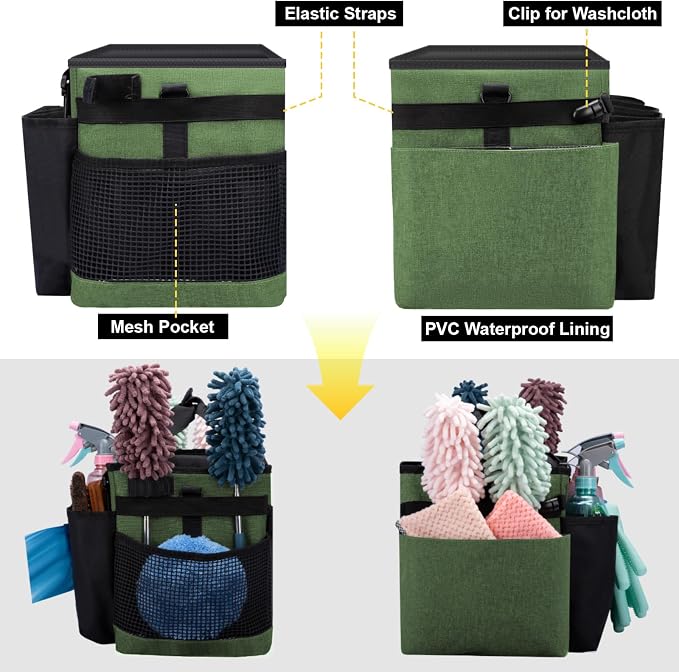 Wearable Large Cleaning Caddy Bag for Housekeepers (Green) | Cleaning Supplies Organizer with Adjustable Shoulder, Waist & Handle Straps, Detailing Bag for Kitchen Supplies