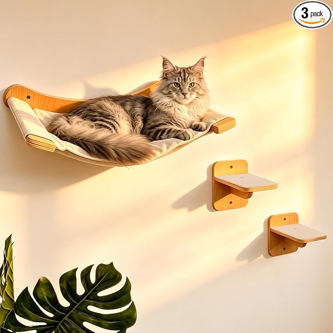 Wall-Mounted Cat Hammock with 2 Wooden Perching Steps—a Suspended Solid Wood wall-Mounted cat Shelf Set Suitable for Indoor Climbing beds for Kittens, Small, Medium, and Large Cats