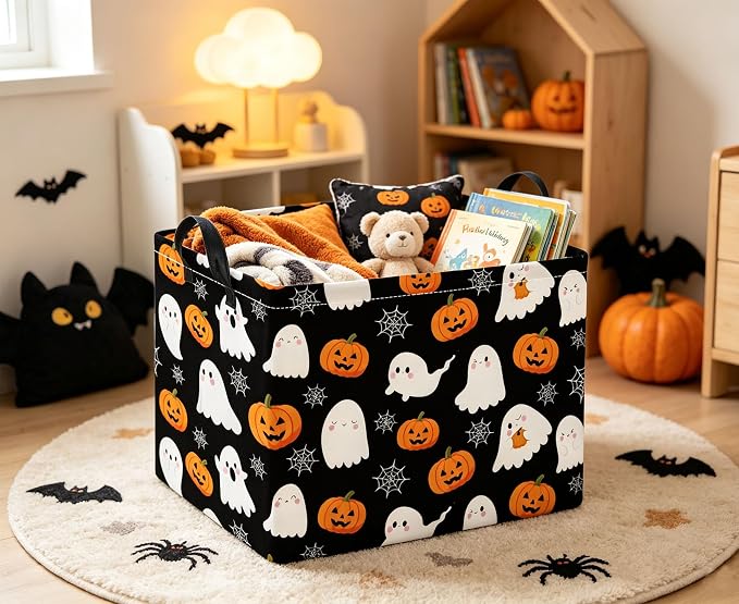 Rectangular Halloween Basket for Boys and Girls Kids Trick or Treat Pumpkin Basket for Halloween Parties Cute Storage Bin Organizer Box Room Decor(Spider Web Ghost)