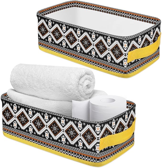 Vintage Ethnic Flower Pattern Bathroom Storage Basket, Foldable with Handle Open Countertop Paper Towel Decorative Box, Toilet Tank Top Shelf Baskets for Home Closet Bedroom Living Room Office