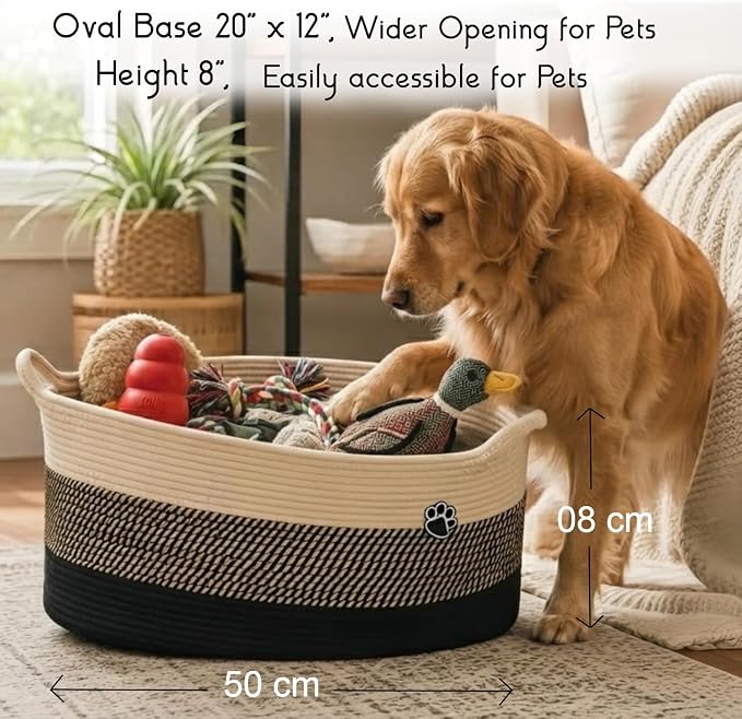 Dog Toys Storage Basket | Toy Box for Dog & Cat | 30L Woven Cotton Rope Bin, Cutout Handles, Pet-Safe | Organizer for Chew Toys, Blankets leashes, Toy holder | Foldable & Washable