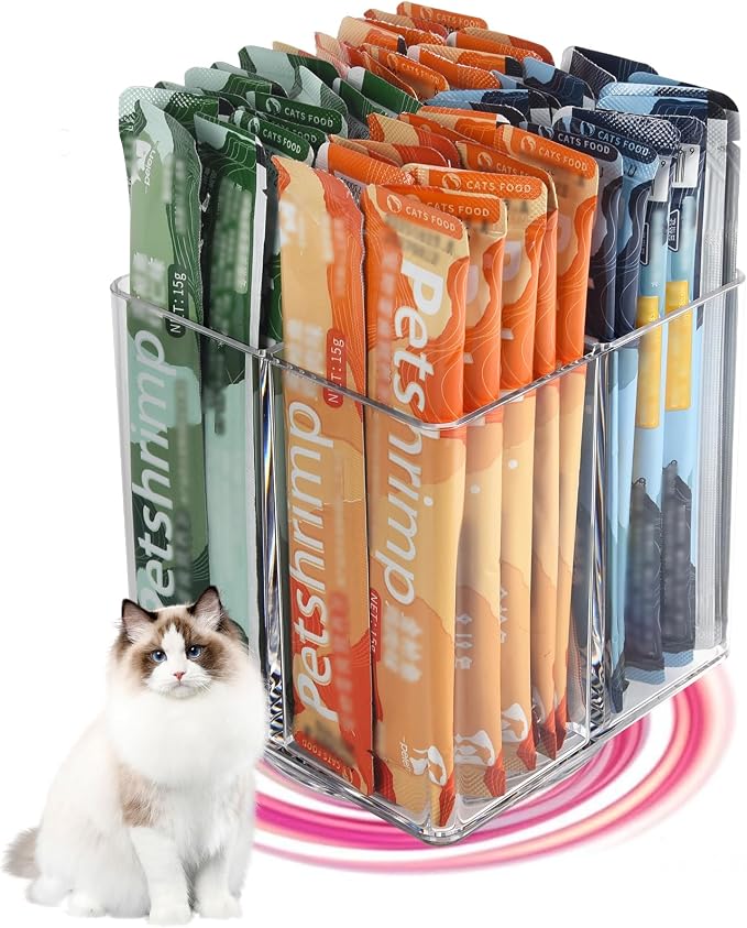 Lickable Cat Treats Organizer, Lazy Susan Acrylic Squeeze Up Cat Treats Storage Organizer with 4 Compartments, Wet Cat Food Storage Container for Kitchen Cabinet Pantry Shelf Countertop（Square）