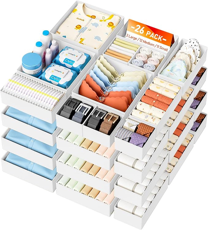 DIMJ Drawer Organizer Clothes- 26 Pack Baby Dresser Organizer for Nursery, Small Fabric Closet Drawer Organizer Bins for Underwears Socks, Foldable Storage Dividers Organization for Bedroom