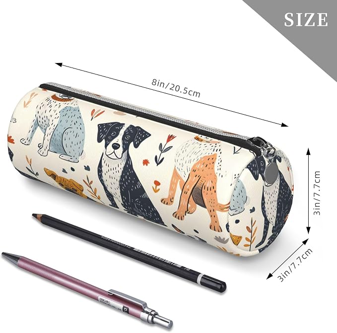 OSAM SPACE Leather Pencil Case Round Pencil Bag Cute Dogs Plant Pen Organizer Holder Portable Zipper Pouch Cute School Supplies for Girls Boys Study Office