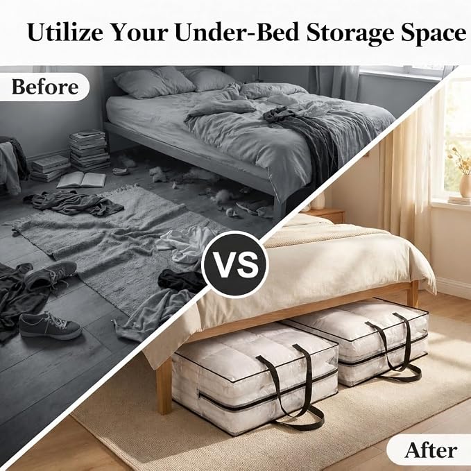 95L Underbed Storage Bag, Clear Foldable Bedding Organizer for Blankets, Comforters, Clothes, Pillows and Seasonal Items, Soft Under Bed Storage Container with Handles, 1 Pack